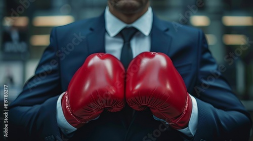 Businessman in a suit wearing red boxing gloves, symbolizing corporate challenge, competition, and leadership in the business world. © Watercolorbackground