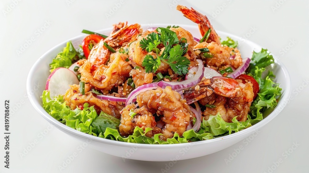 Thai spicy fried shrimp salad and white background Thai spicy fried shrimp salad and white background