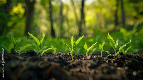 Close-up of young green plants growing in soil with a blurred background of trees, symbolizing growth, nature, and sustainability.