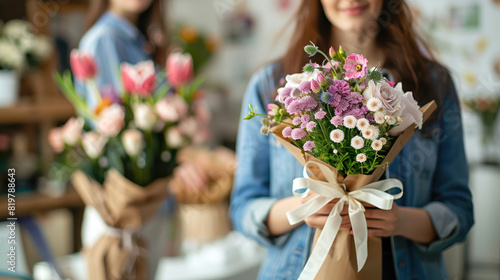 A someone holding flowers and wearing neutral colors  including roses  lilies  daisies  peonies  calla Lipis  pink gerberas  purple tulips  white sunflowers  wrapped in brown paper with white ribbon