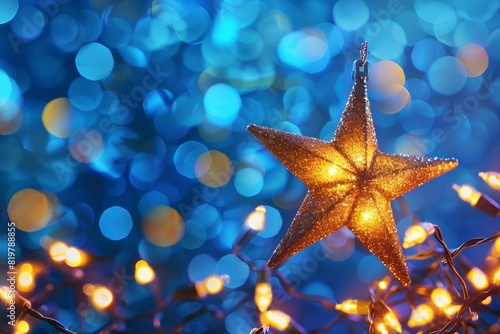 Festive Christmas lights with a glowing star ornament on a blue bokeh background, perfect for holiday celebrations and decorations.