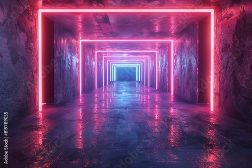 Empty room from space dark hallway with neon light