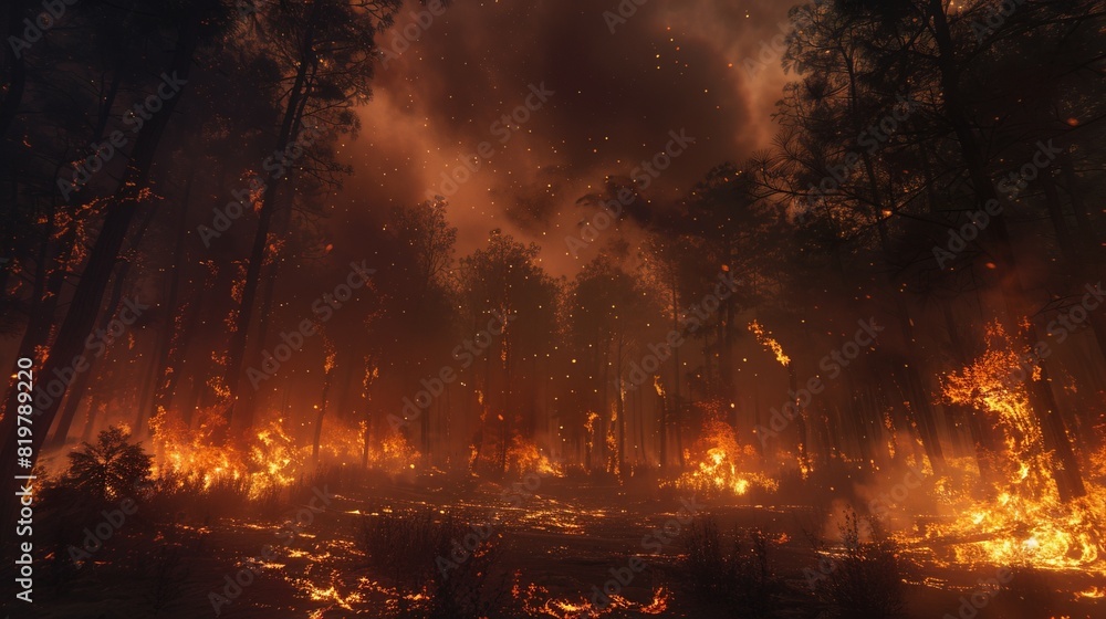 Intense forest fire consuming a woodland area at dusk, with flames and smoke filling the air, showcasing nature's destructive power.