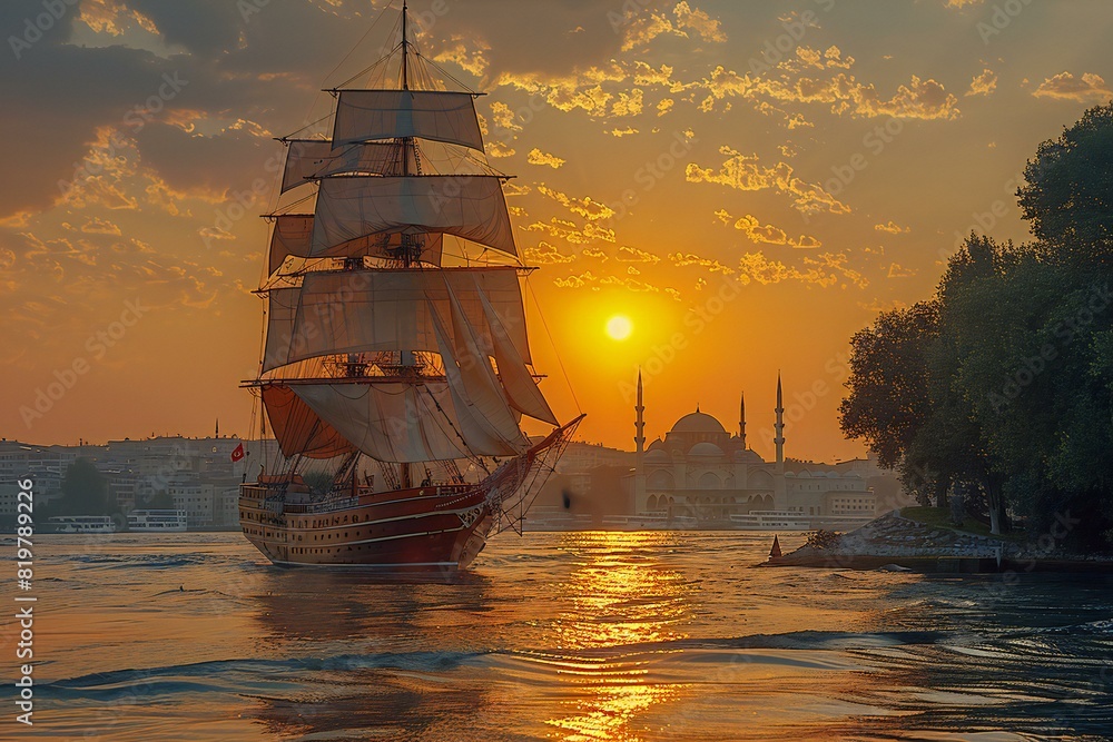 Digital image of sunset view with sail ship near beautiful landscape in istanbul, turkey