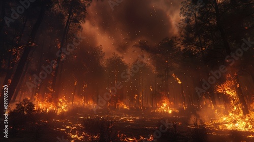Intense forest fire consuming a woodland area at dusk, with flames and smoke filling the air, showcasing nature's destructive power.