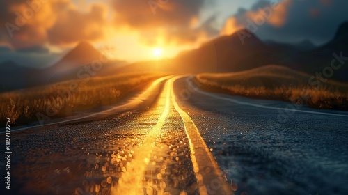 Long, winding road leading into sunset over mountains, creating a stunning scene of nature's beauty and serenity.