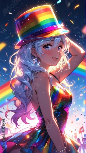 A girl wearing Pride rainbow themed Dress and hat, rainbow in backgroundPride day celebration, rainbow colors, pride day themed art, anime style illustration