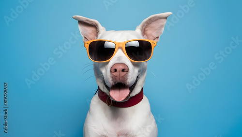White dog wearing trendy sunglasses with blue background