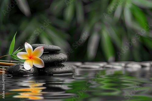 Depicting a stones on the water with a flower and bamboo green background