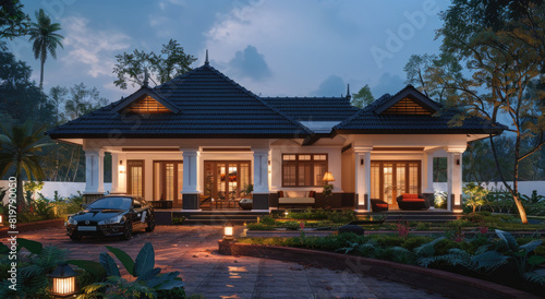 A beautiful modern house with gable roof and double windows  car parked in front of the building   night time lighting   landscape design  natural garden