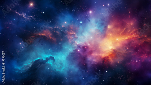 Nebula background with swirling gas clouds.