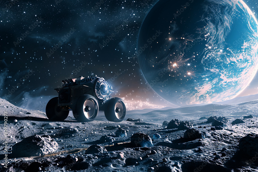 Rover explores lunar surface starlit sky, next giant leap for space ...