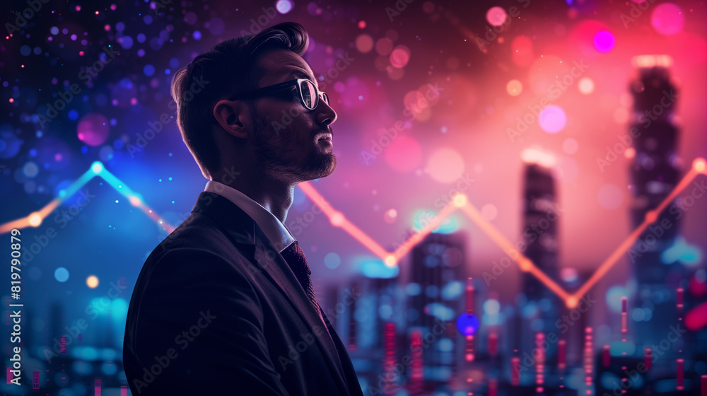 A confident entrepreneur standing tall against a backdrop of rising stock market graphs, A confident entrepreneur standing tall against a backdrop of rising stock market graphs,