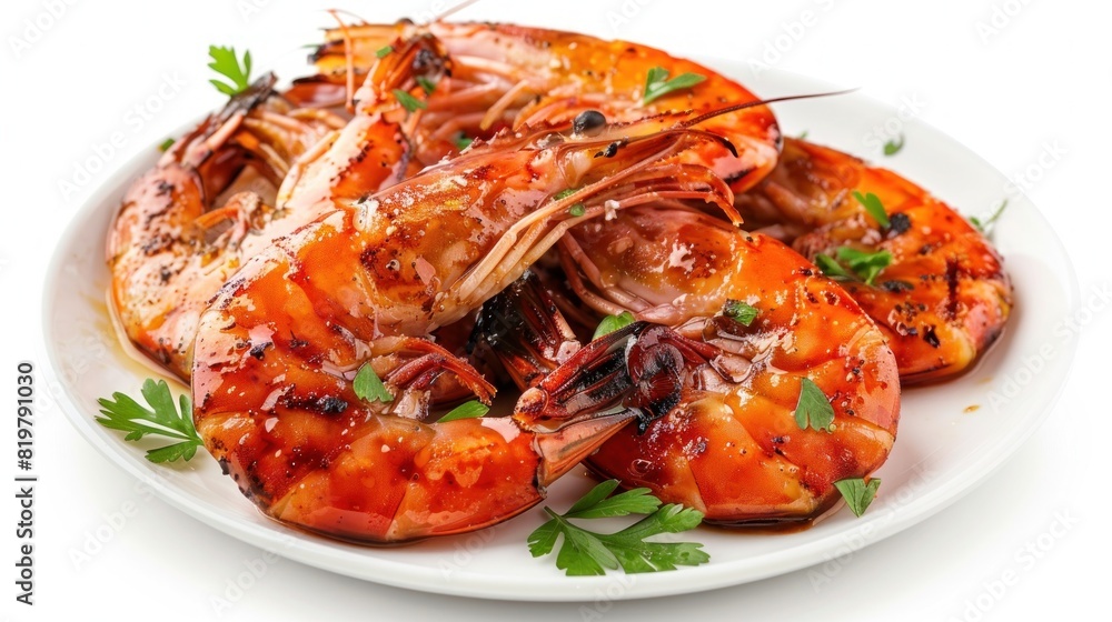 The savory delight of barbecued shrimp looks irresistibly delicious with white background The savory delight of barbecued shrimp looks irresistibly delicious with white background