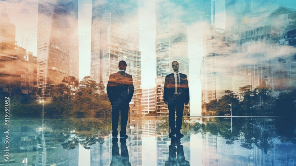 silhouette of two people and city view. Two silhouetted figures stand out in the foreground, appearing semi-transparent against the city view silhouette of two people and city view. Two silhouetted figures stand out in the foreground, appearing semi-transparent against the city view