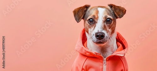 dog of the Jack Russell terrier breed in a tracksuit on a peach background. bright colors. © Alexander Odessa 