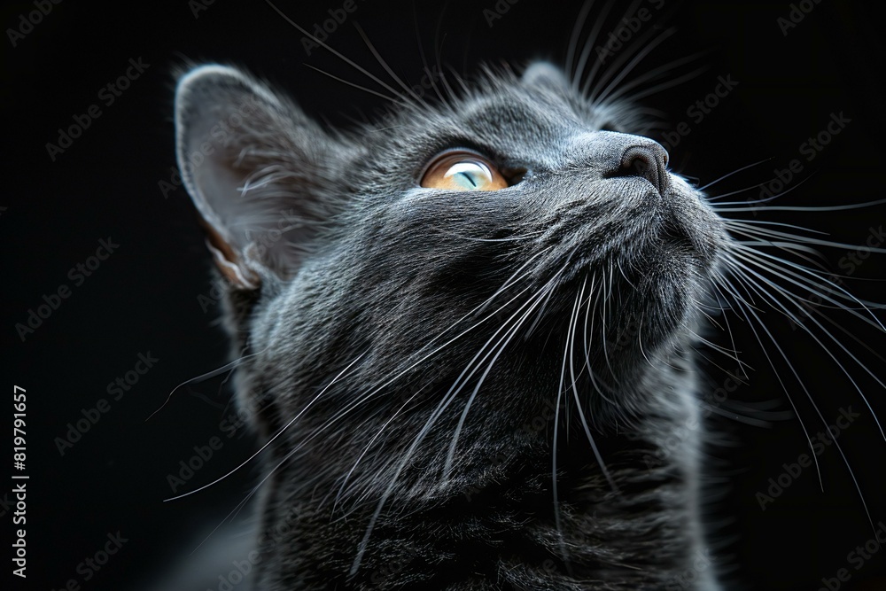 Depicting a  image of a gray cat looking upwards, high quality, high resolution