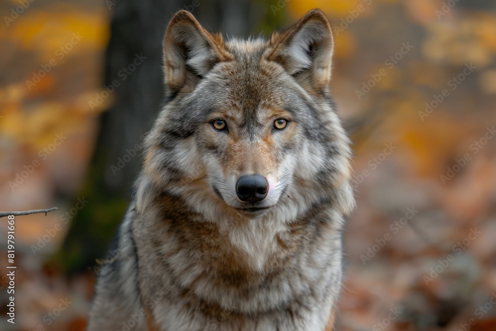 A grey wolf standing in the forest near a tree, high quality, high resolution