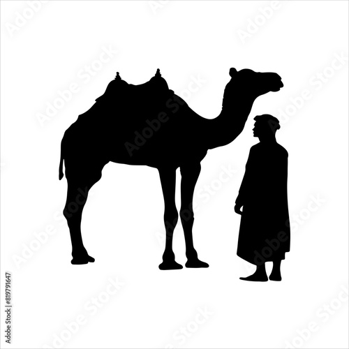 Arabian camel silhouette with arabic camel man isolated on white background. Camel icon vector illustration design.