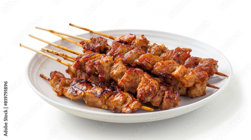 The savory delight of barbecued pork satay with white background The savory delight of barbecued pork satay with white background