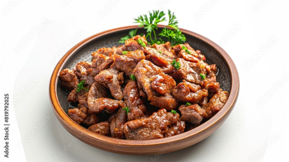 The savory delight of fried pork looks irresistibly delicious and white background The savory delight of fried pork looks irresistibly delicious and white background