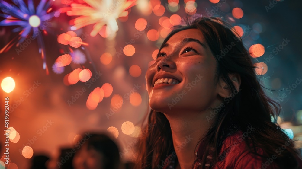A woman is smiling at the camera while fireworks explode in the background A woman is smiling at the camera while fireworks explode in the background