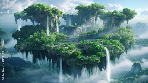 A mystical floating island with cascading waterfalls and lush greenery, designed for high-fantasy video games or immersive VR experiences. 