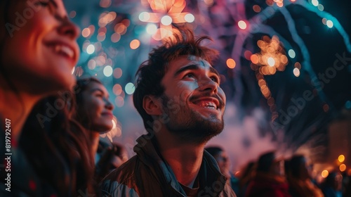 A man and two women are watching fireworks