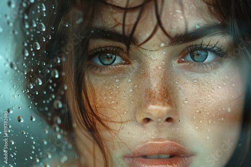 Woman looking out the window with rain drops in her eyes photo