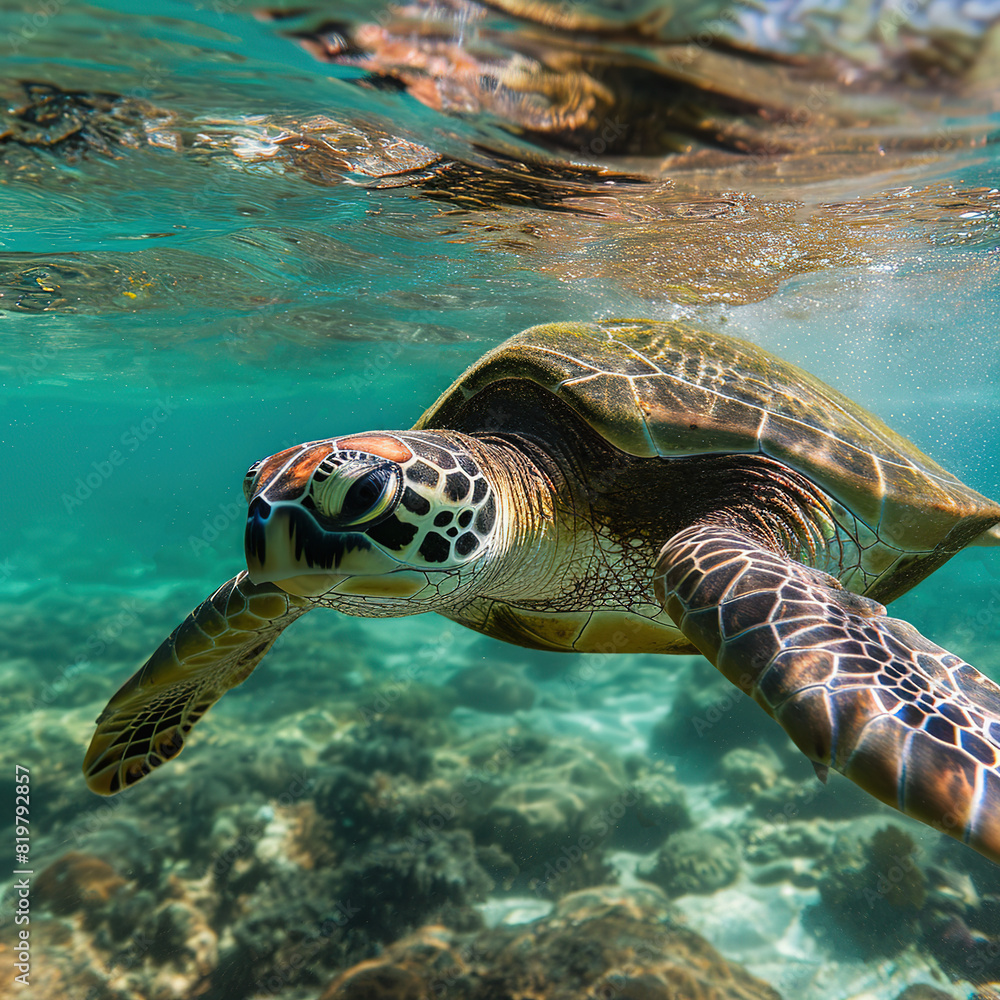 Fototapeta premium A sea turtle swimming under clear water