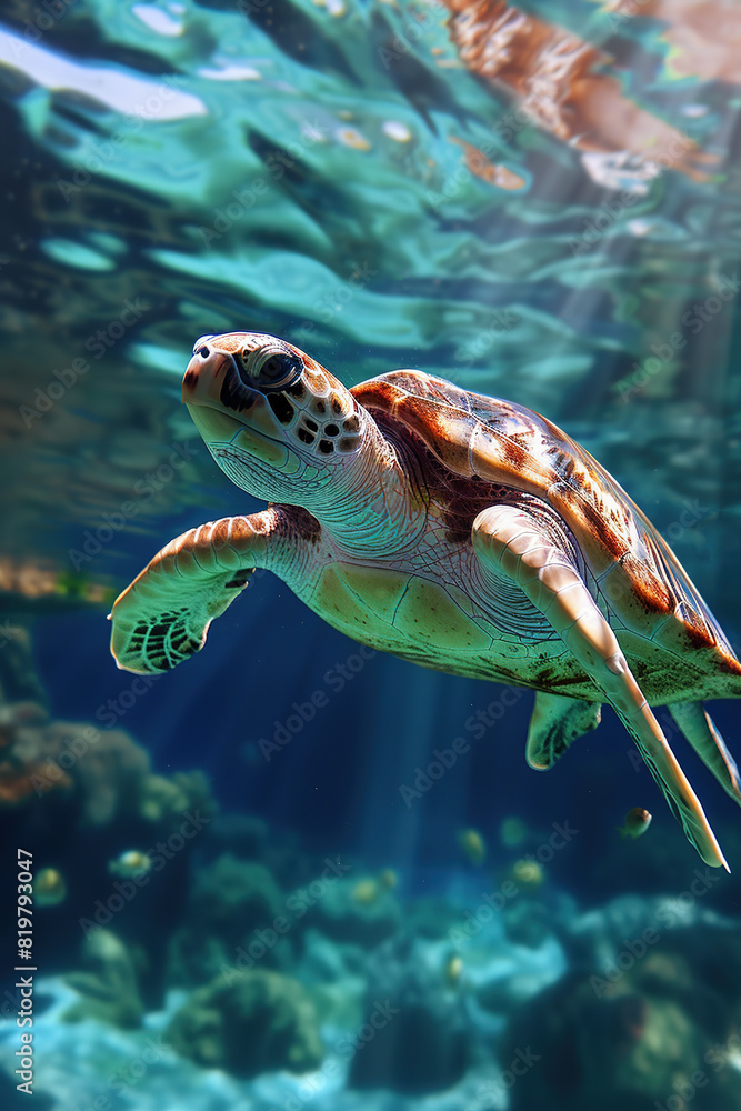 Fototapeta premium A sea turtle swimming under clear water