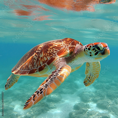 A sea turtle swimming under clear water
