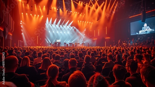 A bunch of people during an event in a great modern theatre looking to a modern technical plenary on stage. Generative AI.
