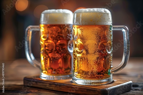 Two mugs of beer sitting on a wooden table, high quality, high resolution