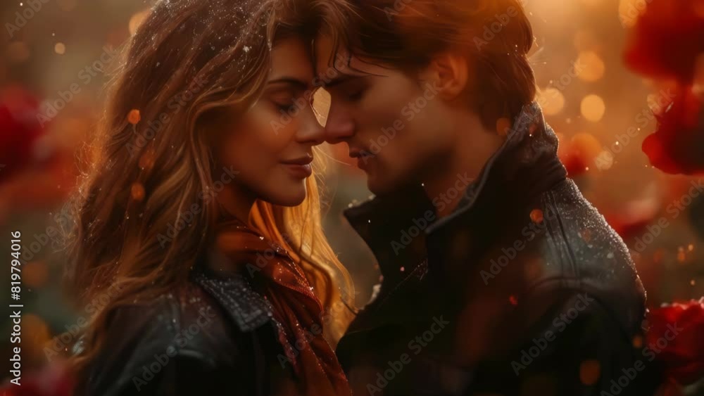 A couple is kissing in a field of red roses. The man is wearing a leather jacket and the woman is wearing a scarf A couple is kissing in a field of red roses. The man is wearing a leather jacket and the woman is wearing a scarf