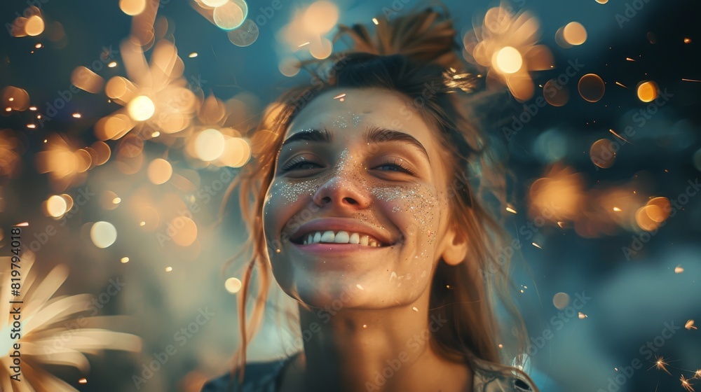 A woman with a smile on her face is surrounded by a lot of sparkles A woman with a smile on her face is surrounded by a lot of sparkles