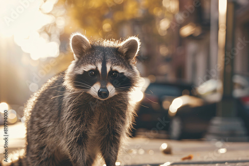 Close up of racoon in city street