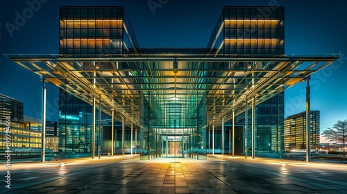Night view of fantastical office building highlighted and illuminated with glass facade and steel roof columns. Urban lights backdrop, modern city cityscape. Business street, blue photo