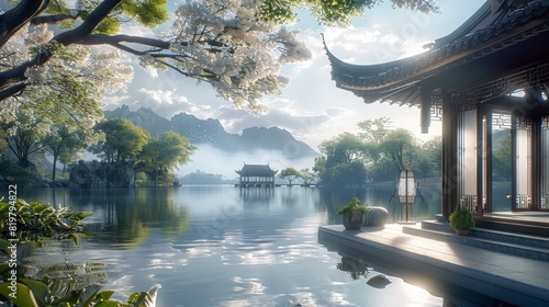 A Chinese-style house by the huge lake. gauze, flowering tree, summer sunshine, dreamy, romantic. Outside the house are plants, pavilions, and antique lamps. Generative AI.
