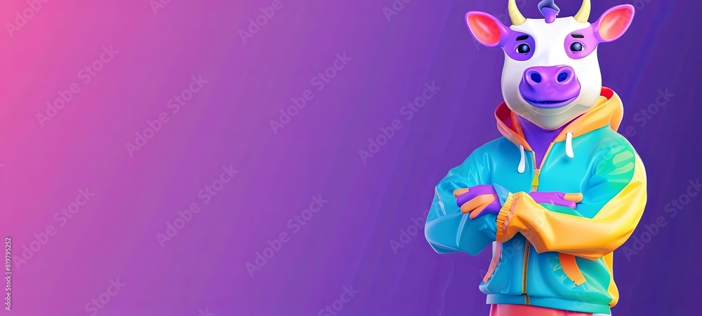 Fototapeta premium cow in a tracksuit on a purple background. bright colors. cartoon style. 