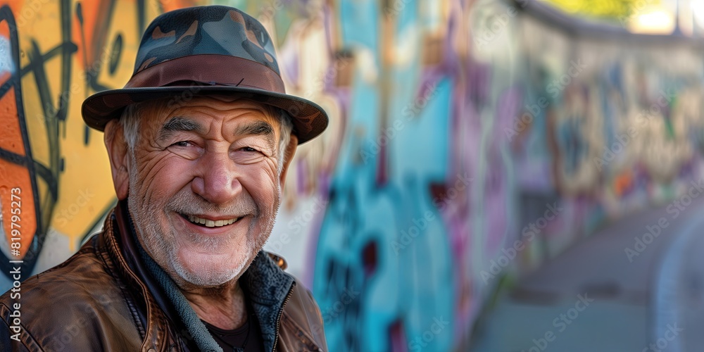 Portrait of elderly man, retired and happy. Senior male with beard, smiling outdoors. Mature face, caucasian and thoughtful. Reflecting on life, wearing hat. Experiencing poverty,