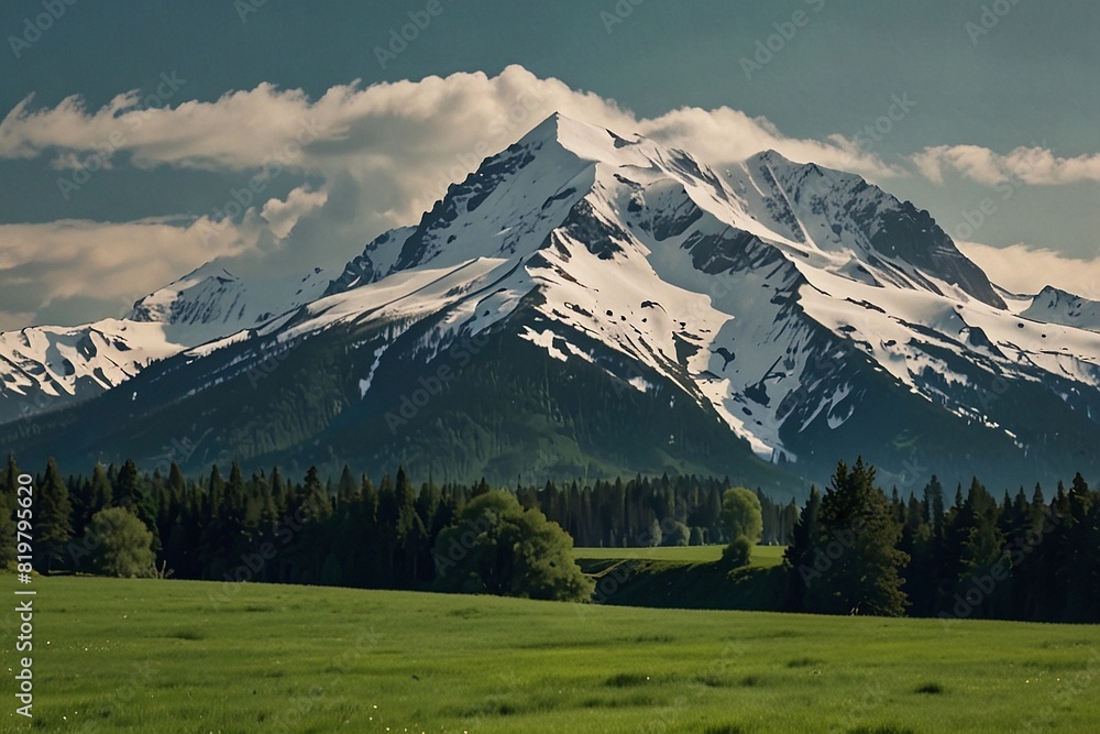 Snow bound mountain with green meadow 