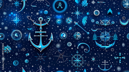 Minimalist pattern with anchors, ship wheels, and compasses, navy blue and white color scheme photo