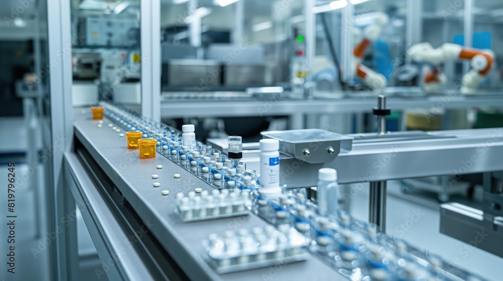 A pharmaceutical production line with robotic systems handling the precise filling of medications under sterile conditions, with a focus on the automation process. 