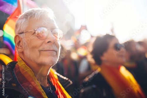 Senior LGBT man portrait at parade in sunlight. Old person in crowd, red street politics demonstration. Elderly face, human lifestyle at festival. Adult tradition celebration rally