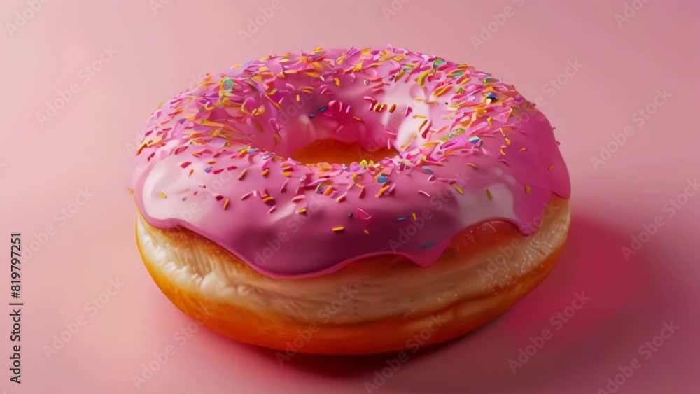 A close up of a pink frosted doughnut with sprinkles A close up of a pink frosted doughnut with sprinkles