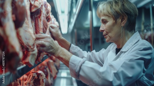 A Butcher Inspects Fresh Meat photo