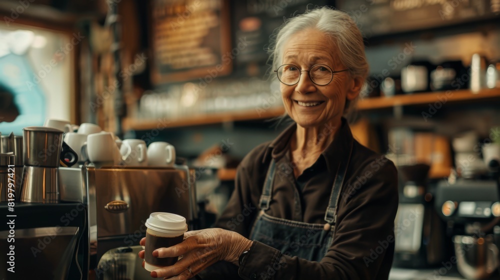 Smiling Senior Barista with Coffee