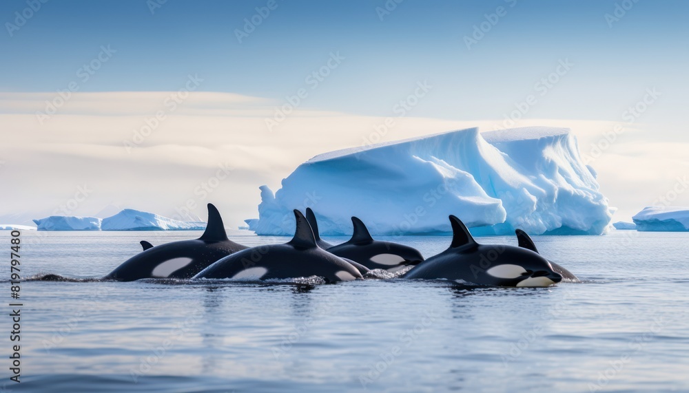 Fototapeta premium Groups of Orcas or killer whales swim and hunt for prey, the top of the food chain in a sea of ​​ice floes