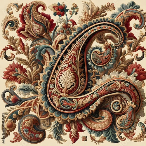 Elegant Paisley Embroidery Design with Intricate Leaf Motif Microstock Illustration